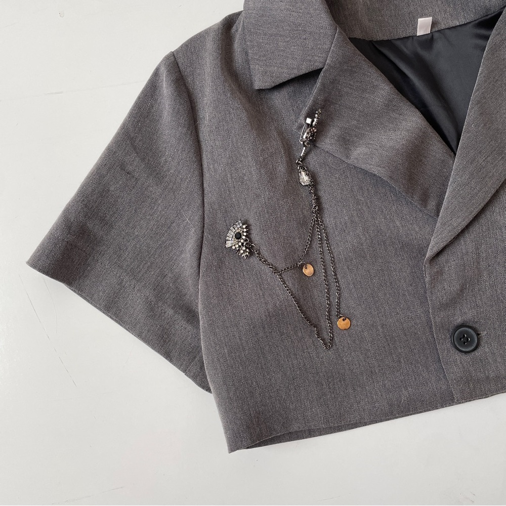 YesStyle Gray Crop Blazer Shirt Top with Jewel Embellishment, Size Small - Picture 3 of 11